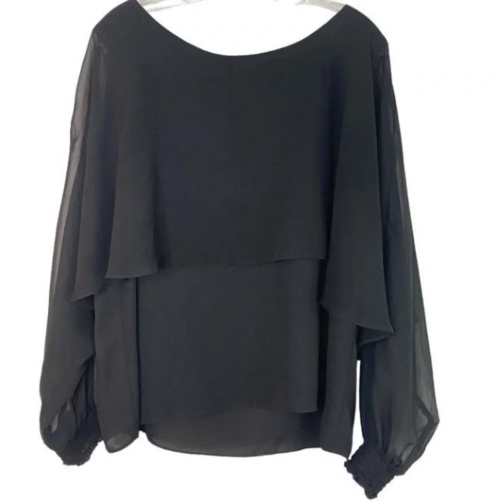 Marc New York Black Cape Overlay Blouse – Sheer Chiffon Wing Sleeve Top XL - Picture 3 of 8